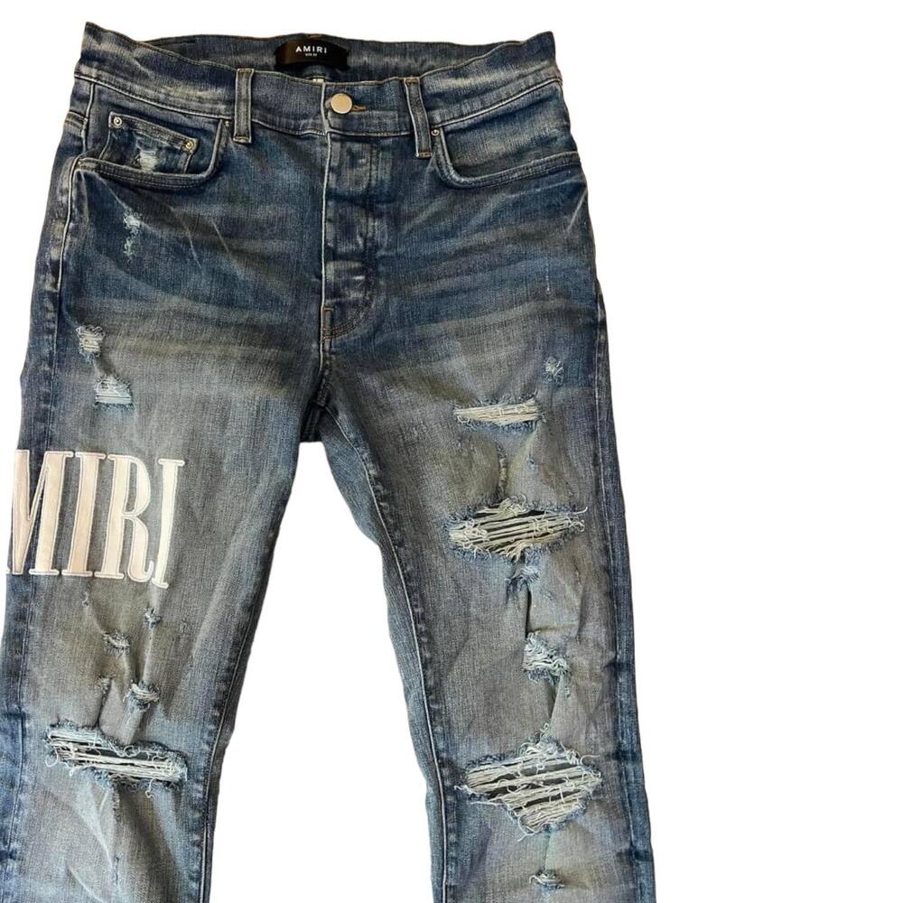 Amiri Embroidered Logo Distressed Skinny Denim Jeans Size 32 - Picture 3 of 11